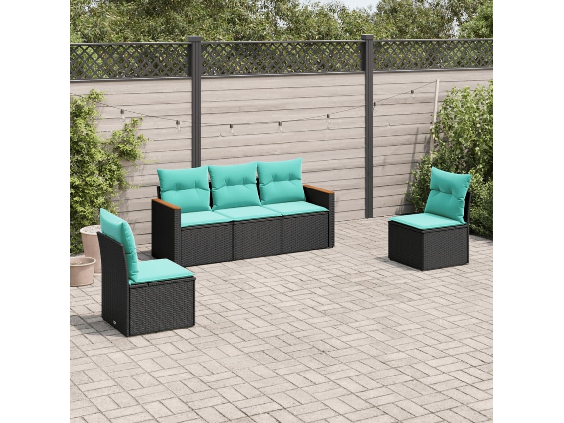 Vidaxl Conjunto De Sofá De Jardim De 5 Peças Com Almofadas Em Rattan Sintético Preto