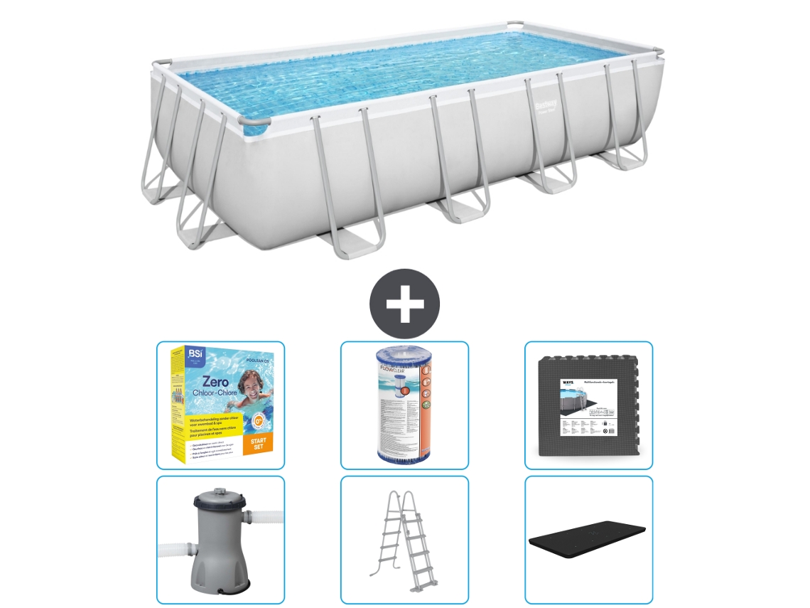 Piscina Retangular Power Steel BESTWAY 488 X 244 X 122 Cinza Incluindo Bomba Escada Cobertura Pacote de Manutenção Filtro Ladrilhos