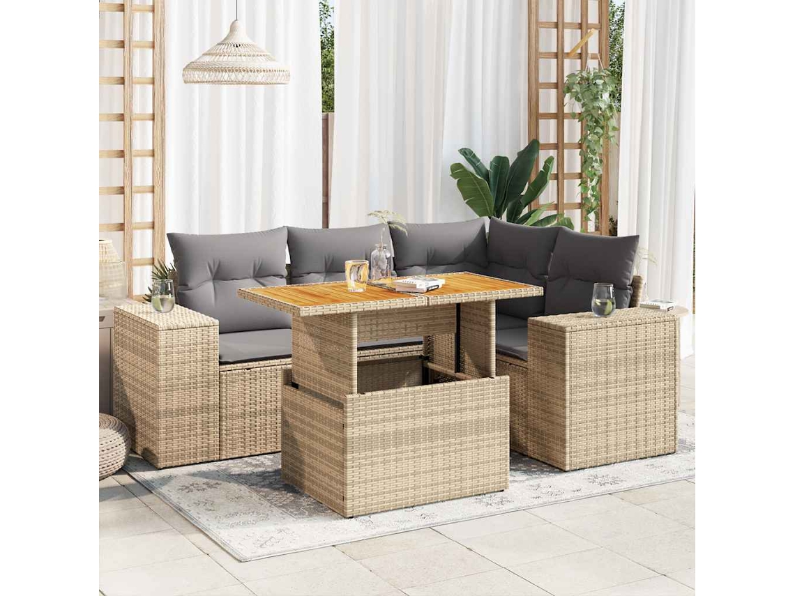 Vidaxl 5 Pcs Conjunto de Sofás P/ Jardim com Almofadões Vime Pe Bege