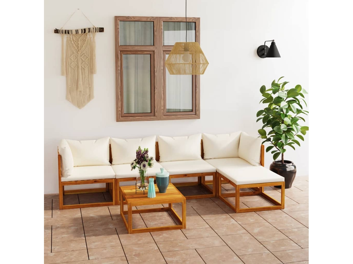 Vidaxl 6 Pcs Conjunto Lounge Jardim C/ Almofadões Acácia Maciça Creme