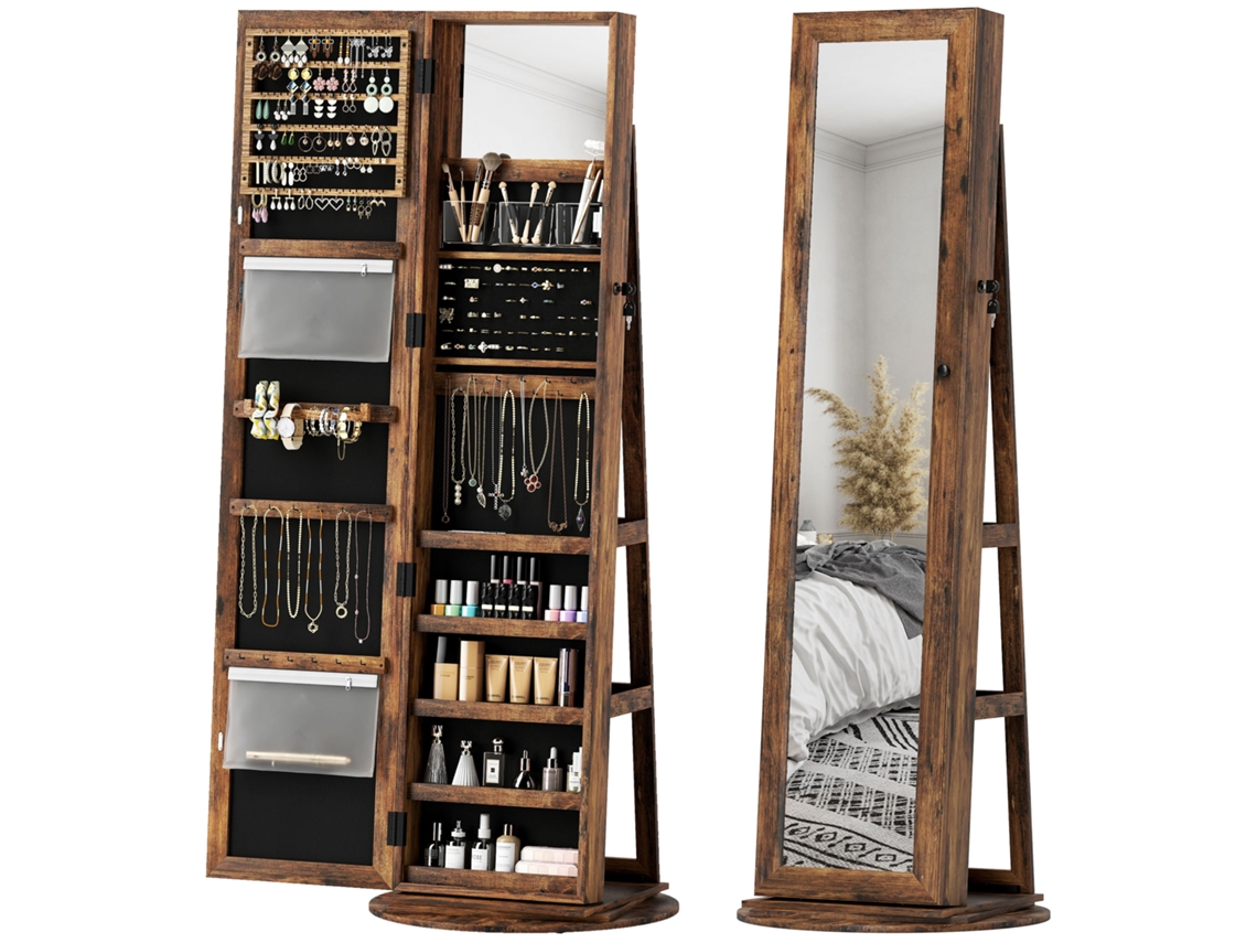 Espelho giratório 360° com prateleiras e fechadura, na cor RUSTIC BROWN, 55x55x161 cm | S/MARCA