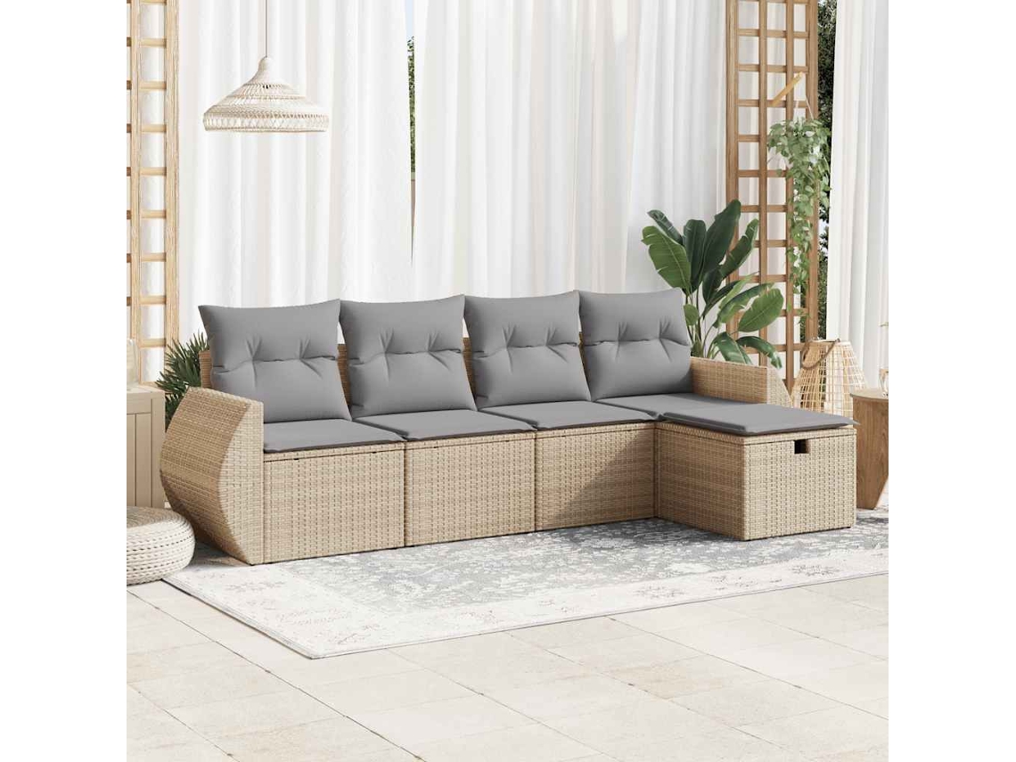 Vidaxl 5 Pcs Conjunto De Sofás P/ Jardim Com Almofadões Vime Pe Bege