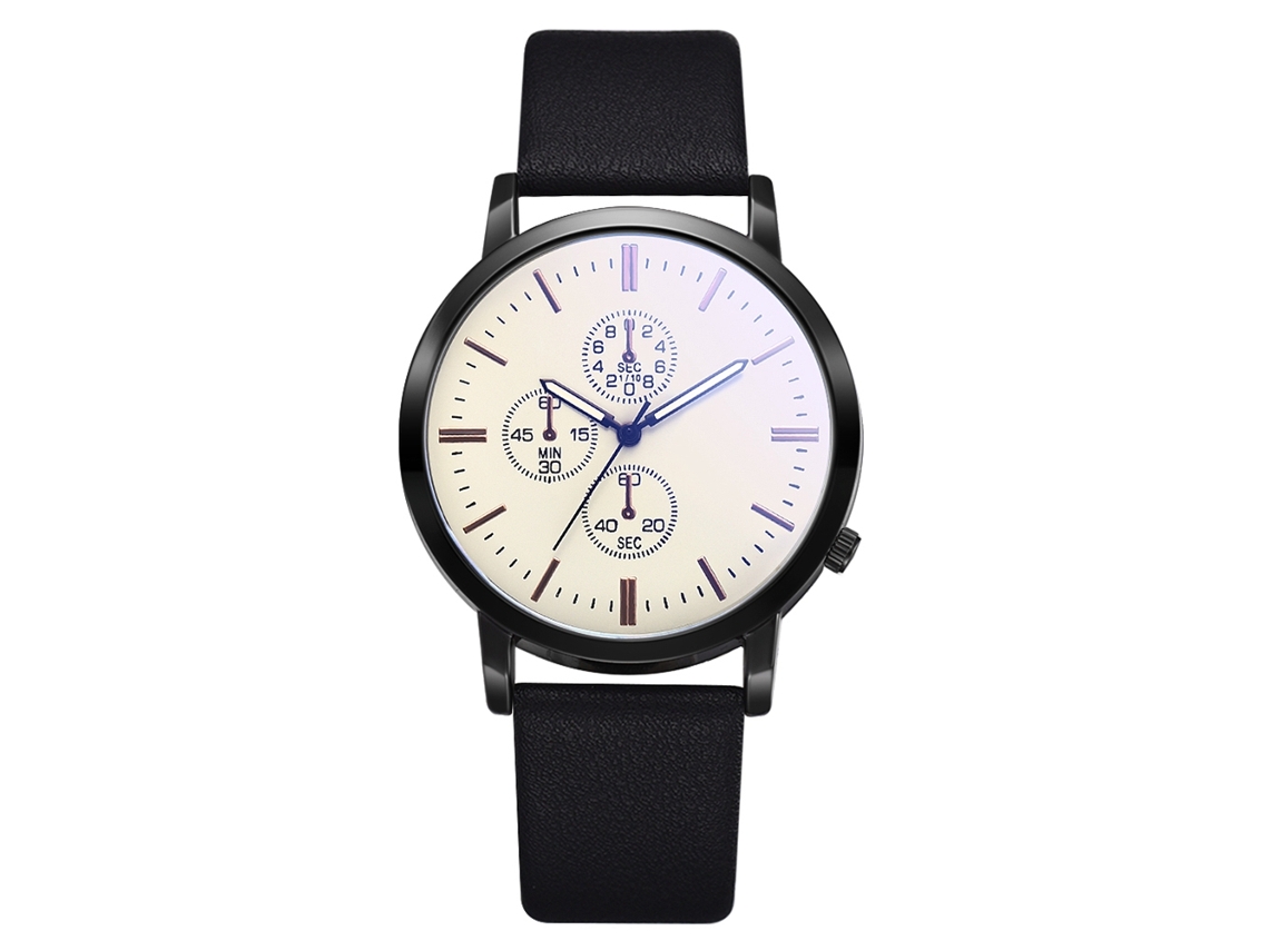 Relógio de Pulso Masculino de Moda Simples com Liga Metálica e Pulseira Pu Preto Branco