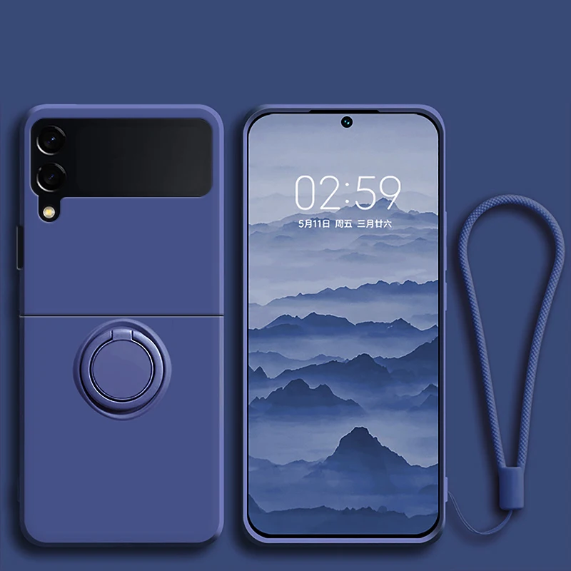 (azul, Galaxy Z Flip5) Capa Flip Para Celular Em Silicone Líquido, Compatível Com Samsung, Resistente A Quedas, Com Suporte De Anel.