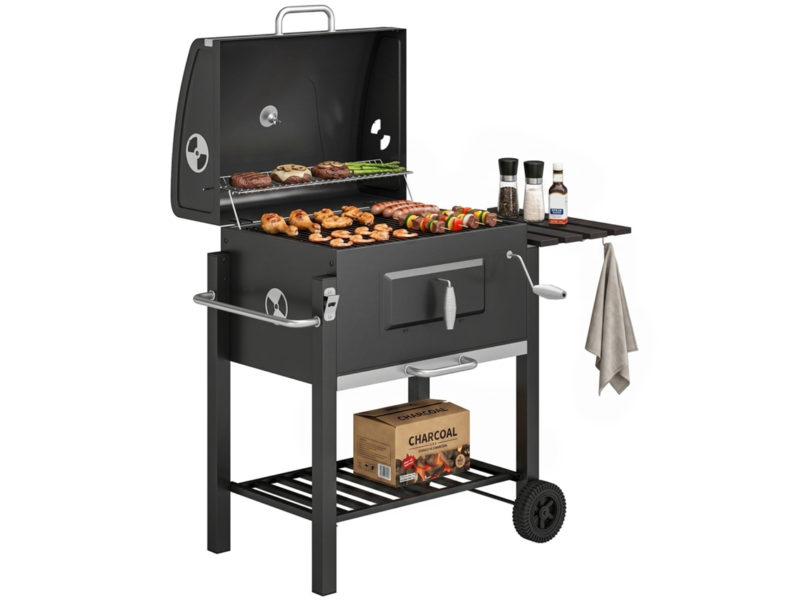 Barbecue a Carvão com Rodas Tampa Grelhas de Aço Inoxidável Termômetro Bandeja Lateral VERIDIA CUOM