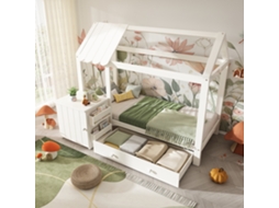 Cama Infantil 90x200 Cm Madeira Maciça Branca Com Gavetas E Mesa De Noite
