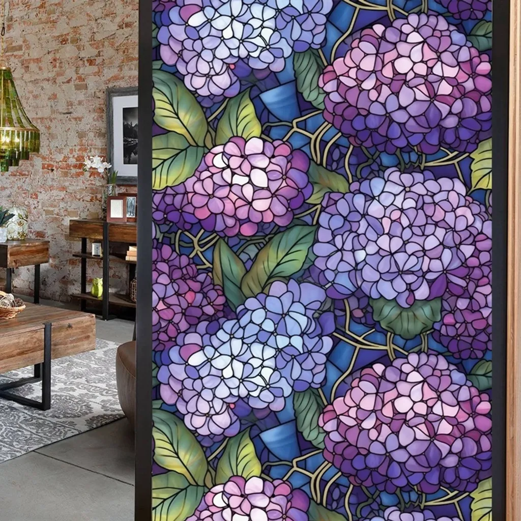 Película Para Janela 45* 100cm Com Estampa De Hortênsia Roxa, Adesivos Para Janela Estilo Vitral, Película De Proteção Para Privacidade