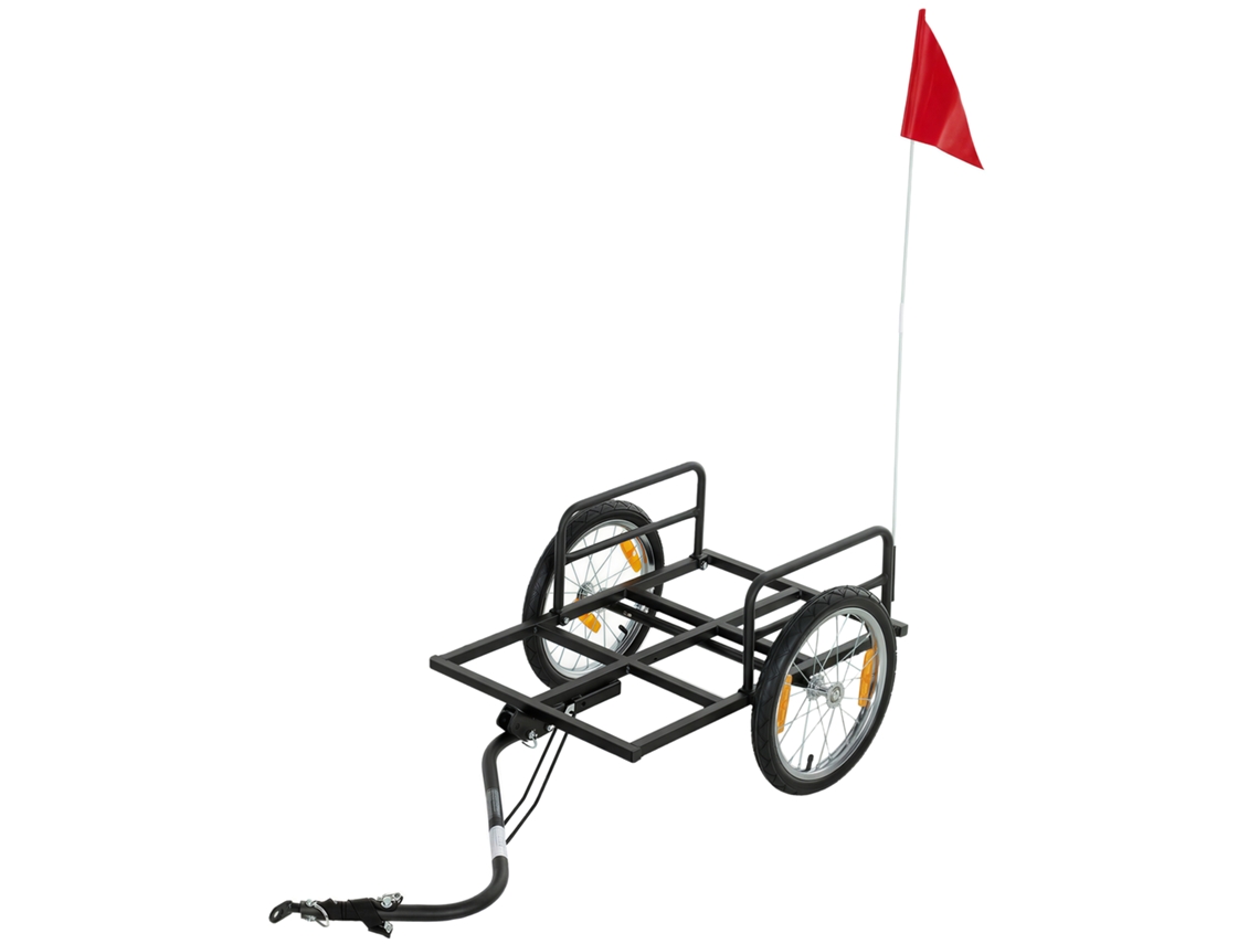 Reboque para Bicicleta Carga 40kg Carrinho de Mão de Aço com Bandeira Vermelha Rodas 16 Polegadas 145x60x42cm Preto BTFORUS