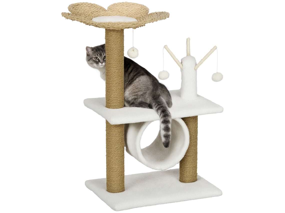 Árvore Para Gatos Com Poste Arranhador De Sisal Natural, Túnel, Plataforma, Estilo Aconchegante E Elegante, Poliéster Macio, 56 X 40 X 91 Cm, Bege