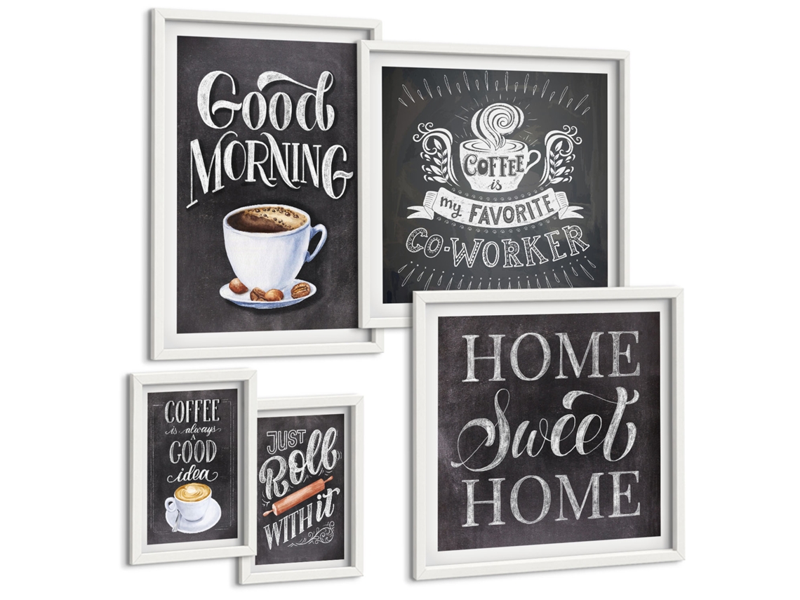 Pinturas Murais Modernas Café, Rolo, Aconchego Do Lar Moldura Branca Quadros Para A Sala De Estar Espelharte (conjunto De 5 Imagens)