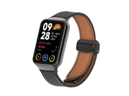 Bracelete Para Redmi Watch 6 / 5 / Xiaomi Band 9 Pro - Couro - Fivela Magnética Preta - Textura De Lichia Preta