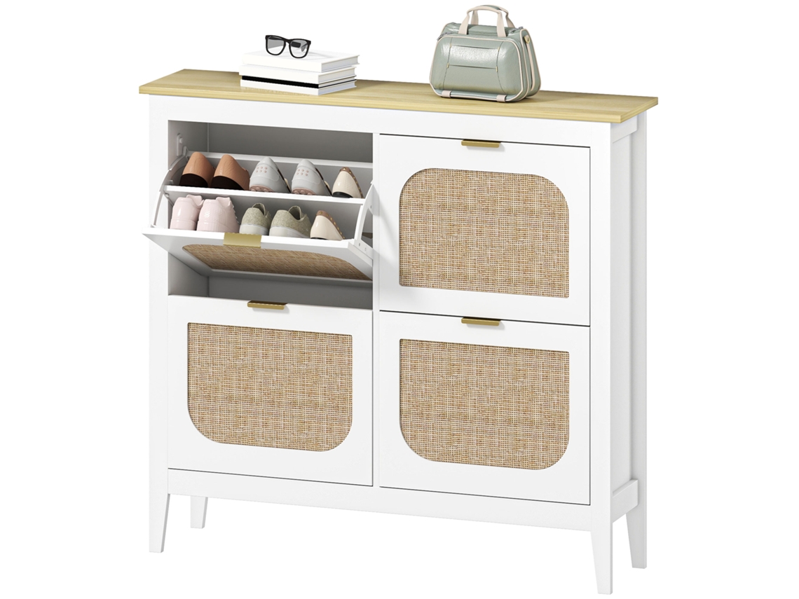 Sapateira Estreita Com 4 Portas Em Vime E Prateleiras Ajustáveis Para 20 Pares De 105x24x95,5 Cm Branco