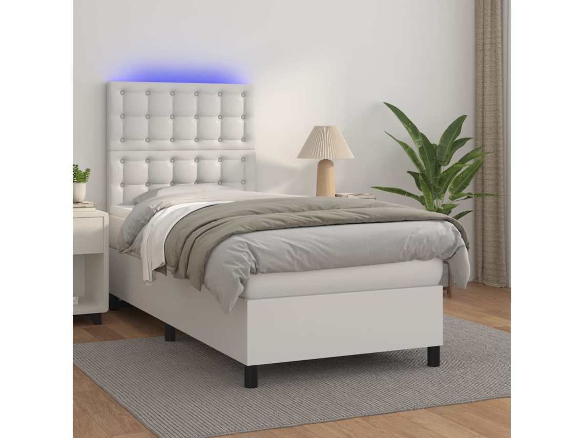 Vidaxl Cama Box Spring C/colchão/led 100x200cm Couro Artificial Branco