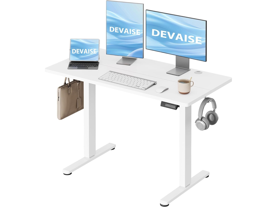 Secretária Regulável Devaise 120×60 Cm, 3 Memórias De Altura, Intervalo 72-118cm, Secretária Sentado-em-pé Ergonómica, Branca