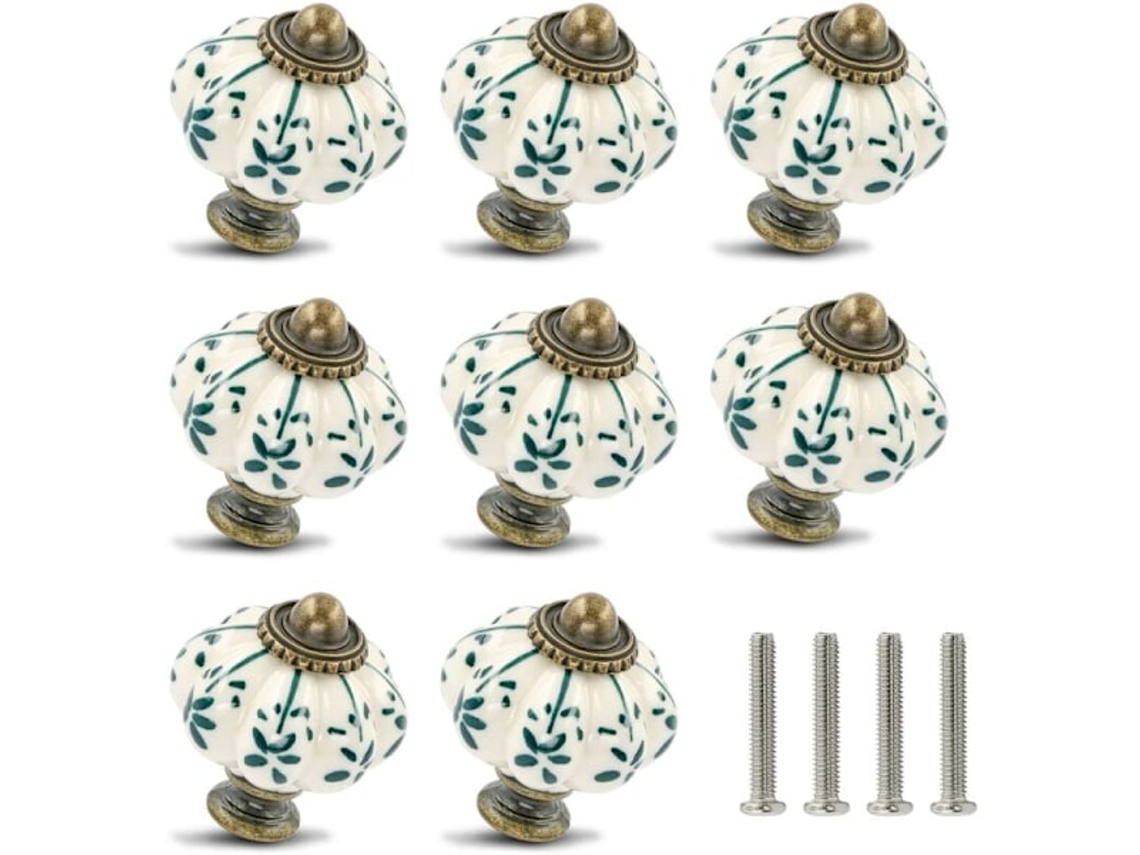 Conjunto de 12 Puxadores Cerâmica, Tons Marfim e Verde, Abóbora, para Cômoda | BRILVIBERA