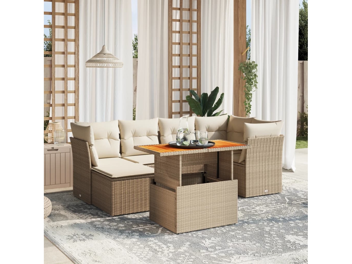 Vidaxl 7 Pcs Conjunto De Sofás P/ Jardim Com Almofadões Vime Pe Bege