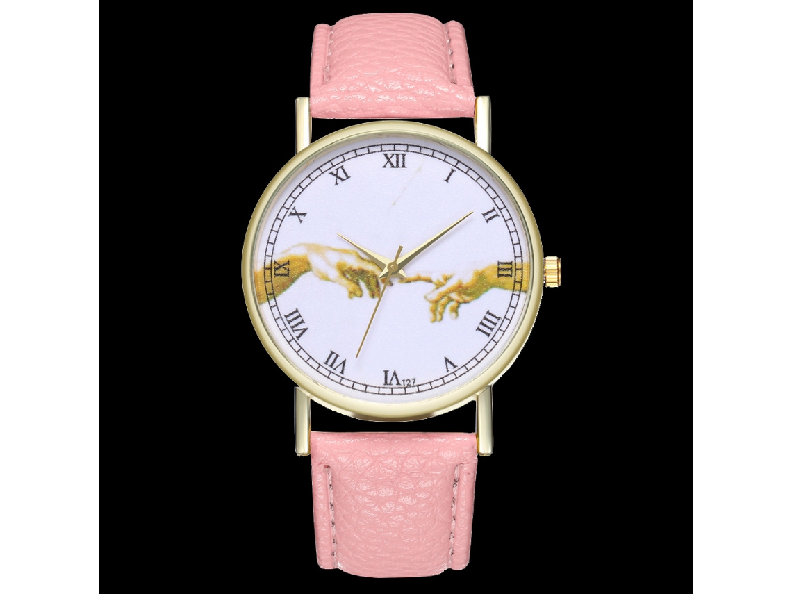 Relógio feminino analógico de quartzo com pulseira de PU, estampa clássica rosa.