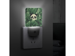 Luminária de parede com design de panda e folha verde, LED com sensor crepuscular, eficiente e decorativa para ambientes.