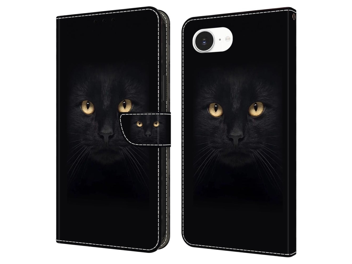 Capa Para Iphone 16e Com Fecho Magnético, Estampa 3d E Design De Carteira Em Couro, Gato Preto
