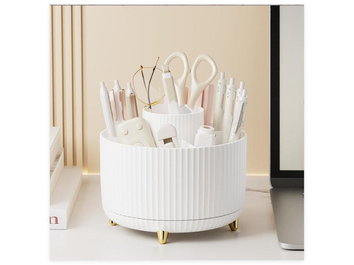 Organizador de mesa (branco), giratório 360° com 5 compartimentos, ideal para lápis, materiais de arte e organização doméstica.