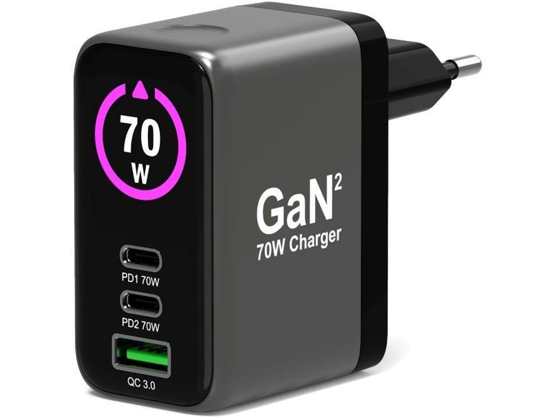 Carregador PORT DESIGNS GaN com Ecrã OLED + Cabo USB-C Connect (70W - Preto)