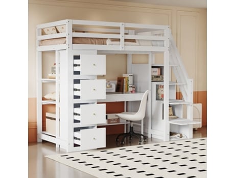 Cama Infantil Alta Gaveta Armazenamento Prateleiras Escada Segurança Gutent Madeira Branco (90x200cm)