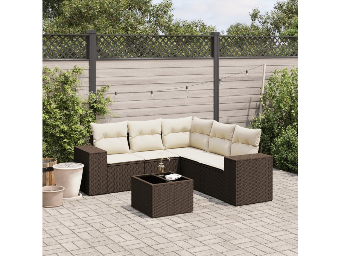 Vidaxl 6 Pcs Conjunto De Sofás Jardim C/ Almofadões Vime Pe Castanho