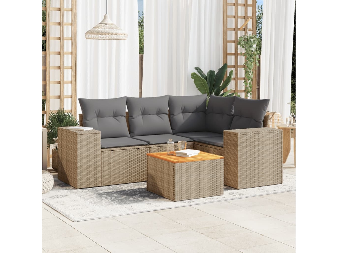 Vidaxl 5 Pcs Conjunto De Sofás P/ Jardim Com Almofadões Vime Pe Bege