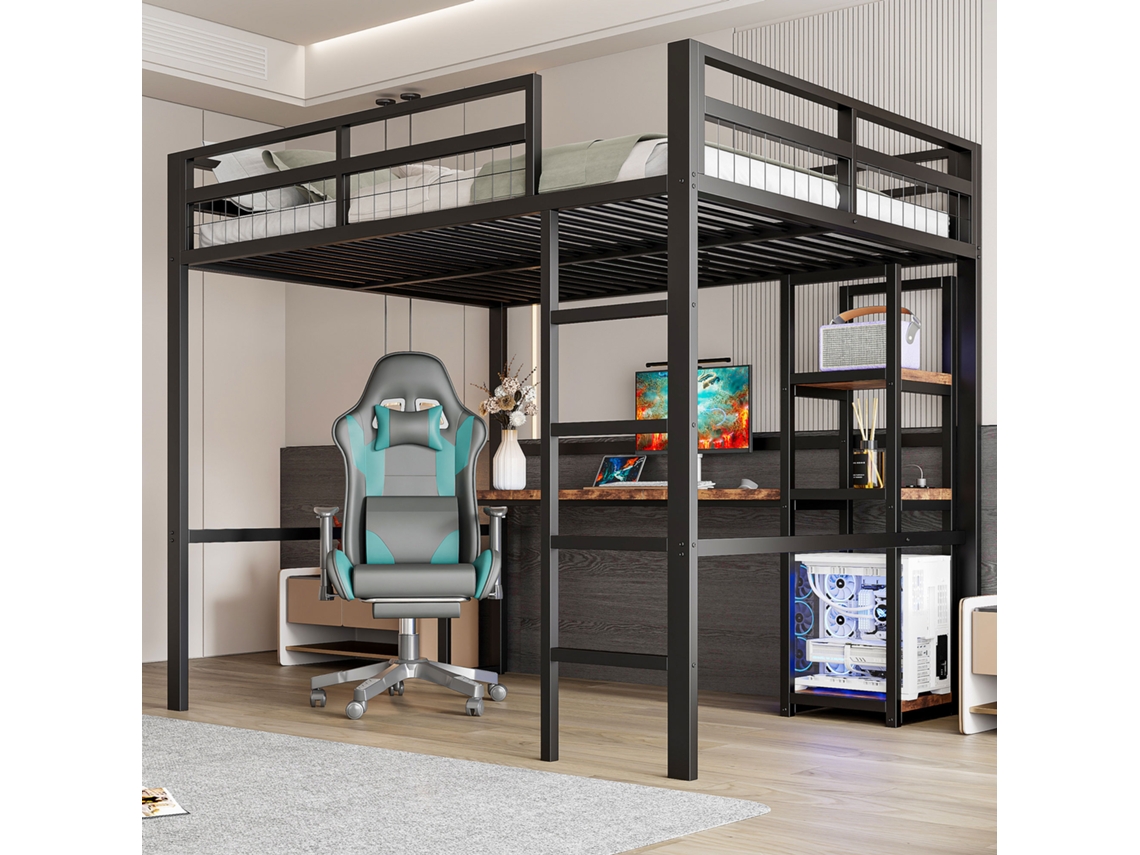 Cama Loft, 140 X 200cm, Estrutura De Ferro, Várias Prateleiras, Secretária Com Tomada, Corrimão, Escada, Sem Colchão, Preto
