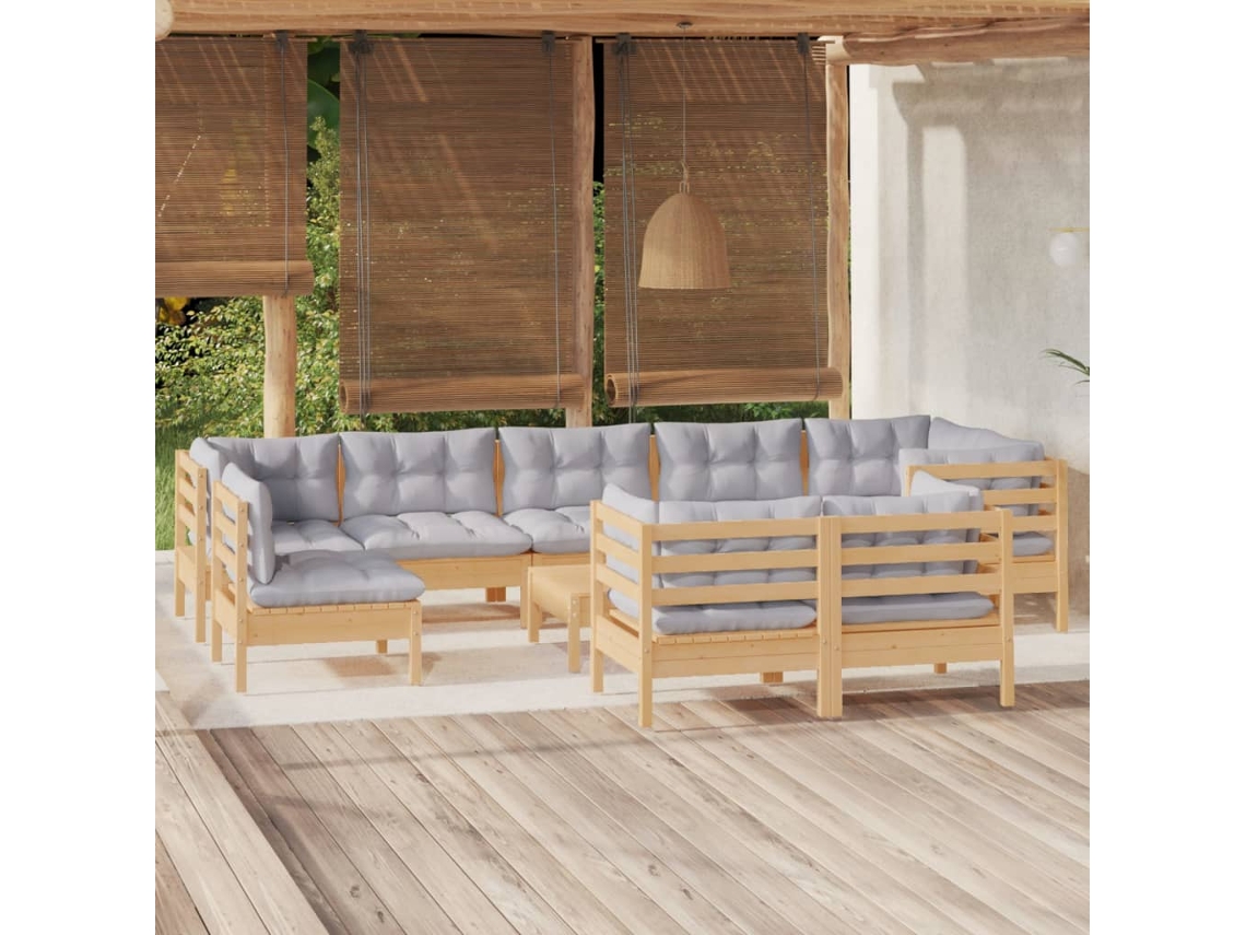 Vidaxl 10pcs Conjunto Lounge De Jardim + Almofadões Cinza Pinho Maciço