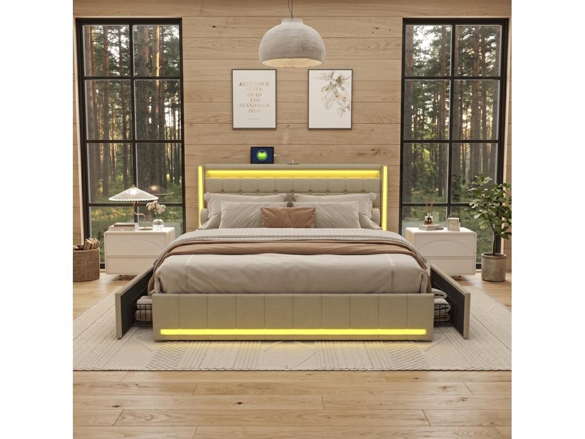 Cama Estofada 180x200 Cm com Portas Usb C, Iluminação Led e Gavetas RESETIZE