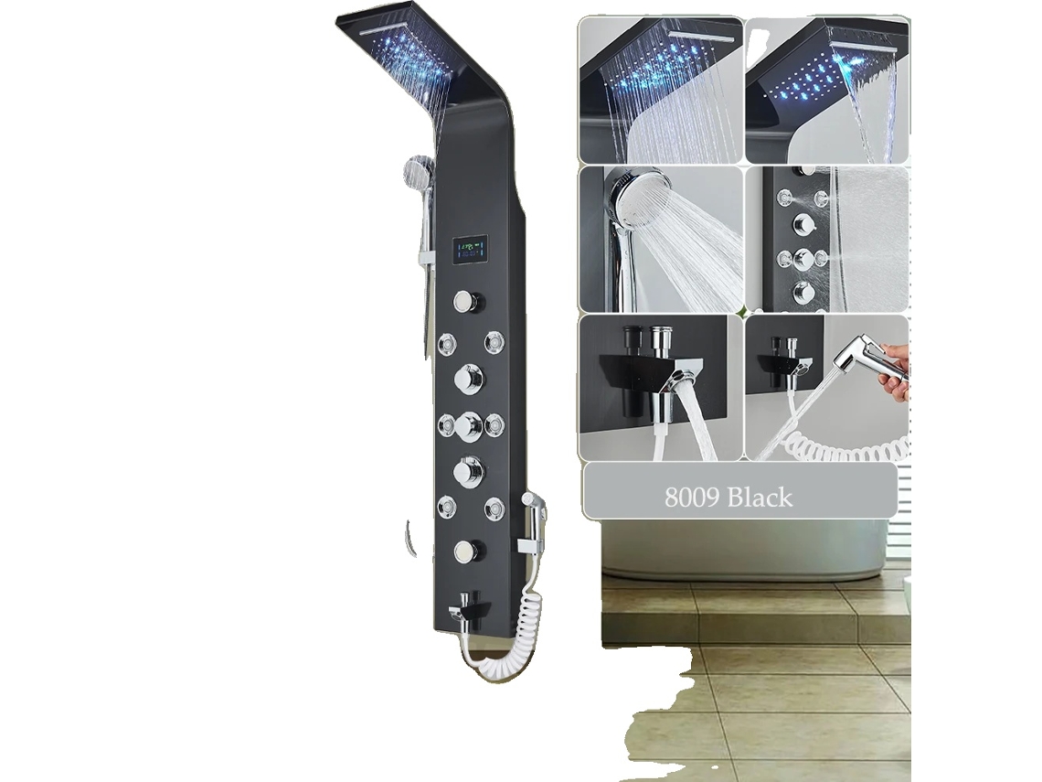 Painel De Chuveiro Led, Controle De Água Fria E Quente, Design Moderno, 8009 Preto Oem