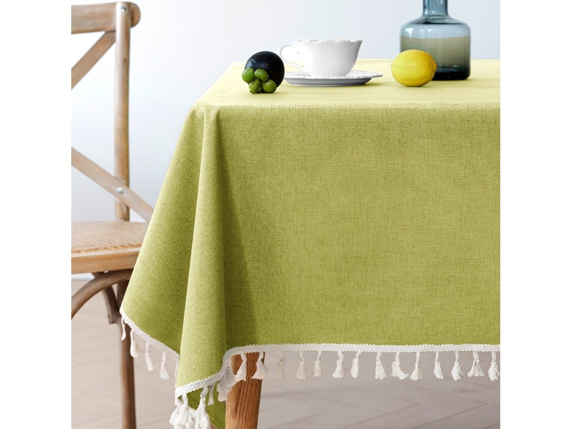 Toalha De Mesa Impermeável Em Algodão E Linho Com Borlas -140x200cm Verde
