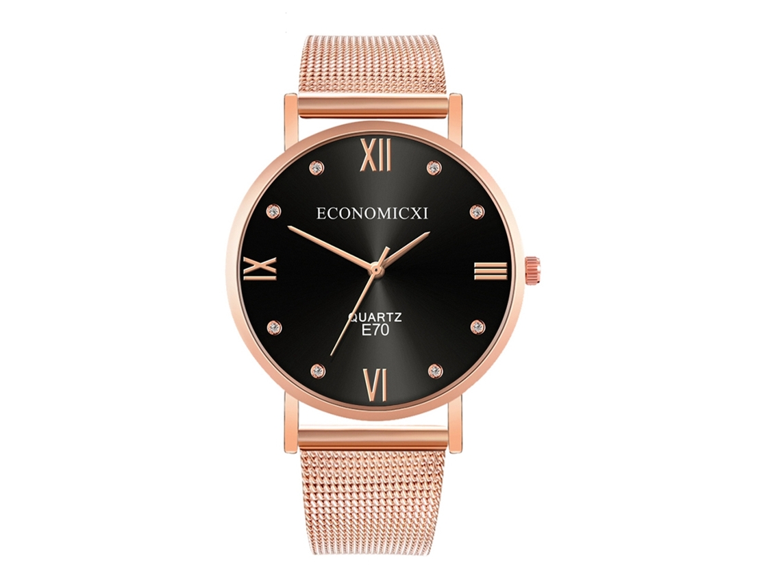 Reloj De Cuarzo Estilo Simple Casual Moda Pulsera Negro Y Oro Rosa