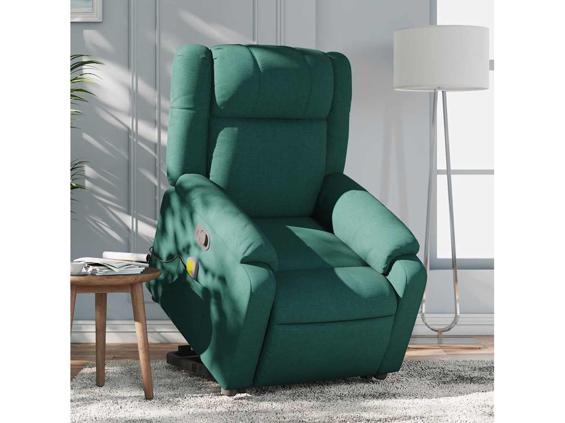 Vidaxl Poltrona Reclinável Elevatória De Massagens Tecido Verde-escuro