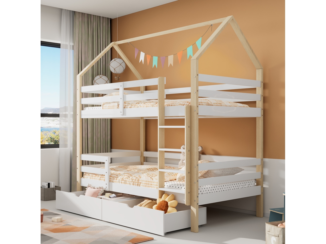 Cama Infantil 90x200 Cabana Madeira Gavetas Pinho Branca Ripas Colchão Não Incluído