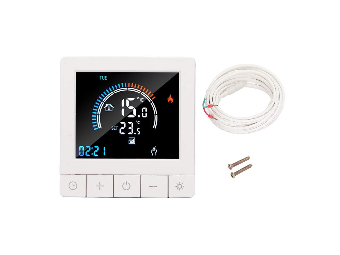 Termostato programável Primerox com visor LCD em tecido para uso residencial e hoteleiro, 90V/240V, 16A.