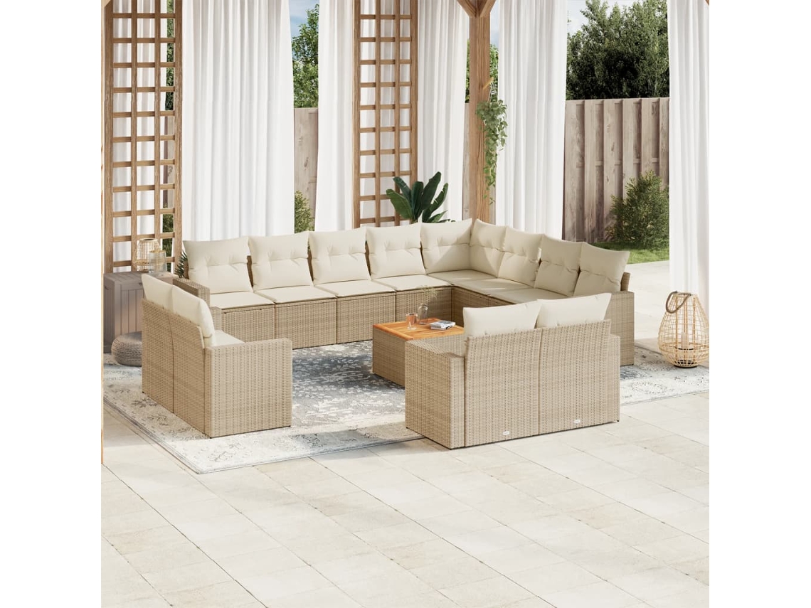 Vidaxl 13 Pcs Conjunto De Sofás P/ Jardim Com Almofadões Vime Pe Bege