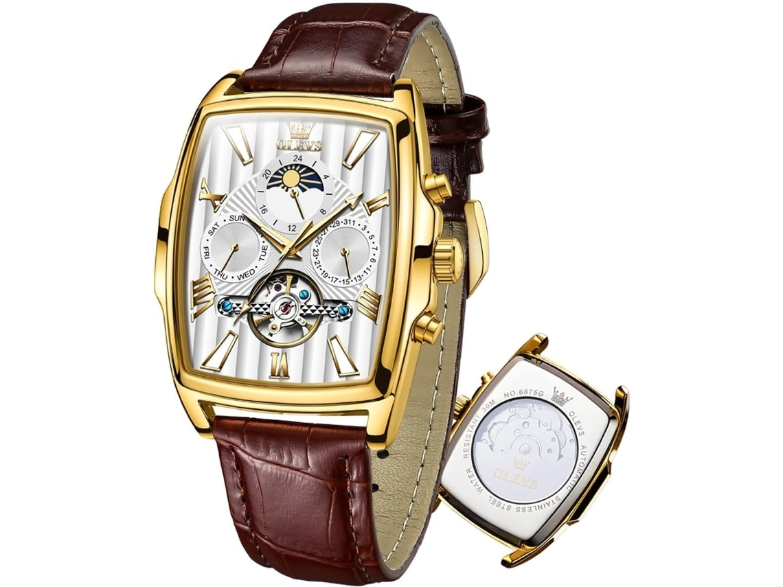 Lurelia Relógio Mecânico Masculino, Automático, Data/calendário, Luminoso, Mostrador Esqueleto, Fase Da Lua, Couro, Dourado