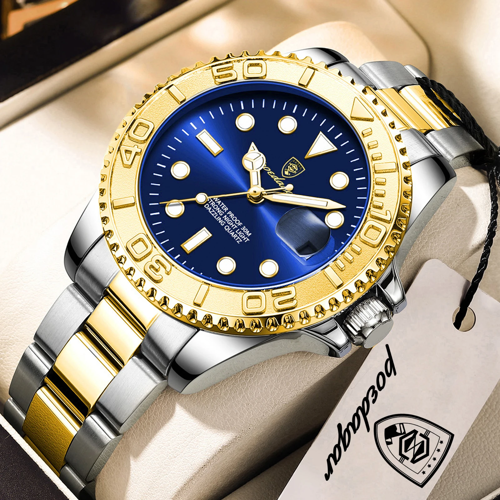 Relógio Masculino Clássico Para Negócios (dourado E Azul), À Prova D'água, Em Aço Inoxidável, Com Mostrador De Data Luminoso.