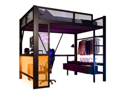 Cama Alta de Metal para Brincar, 140 X 200 Cm, com Usb, Led, Escrivaninha, Guarda roupa Aberto e 3 Gavetas para Roupa Suja, Preta. DELCOND