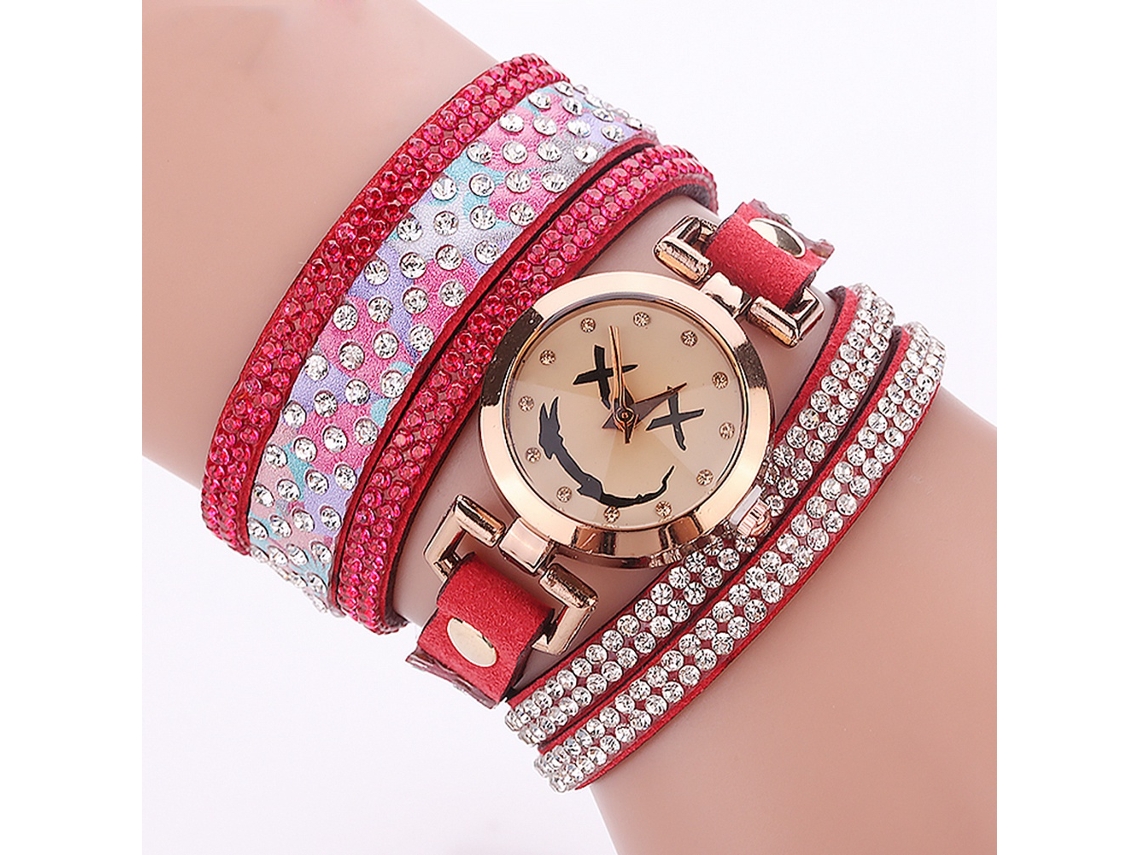 Relógio de Pulso Feminino de Quartzo com Camurça Multicamada e Strass Vermelho