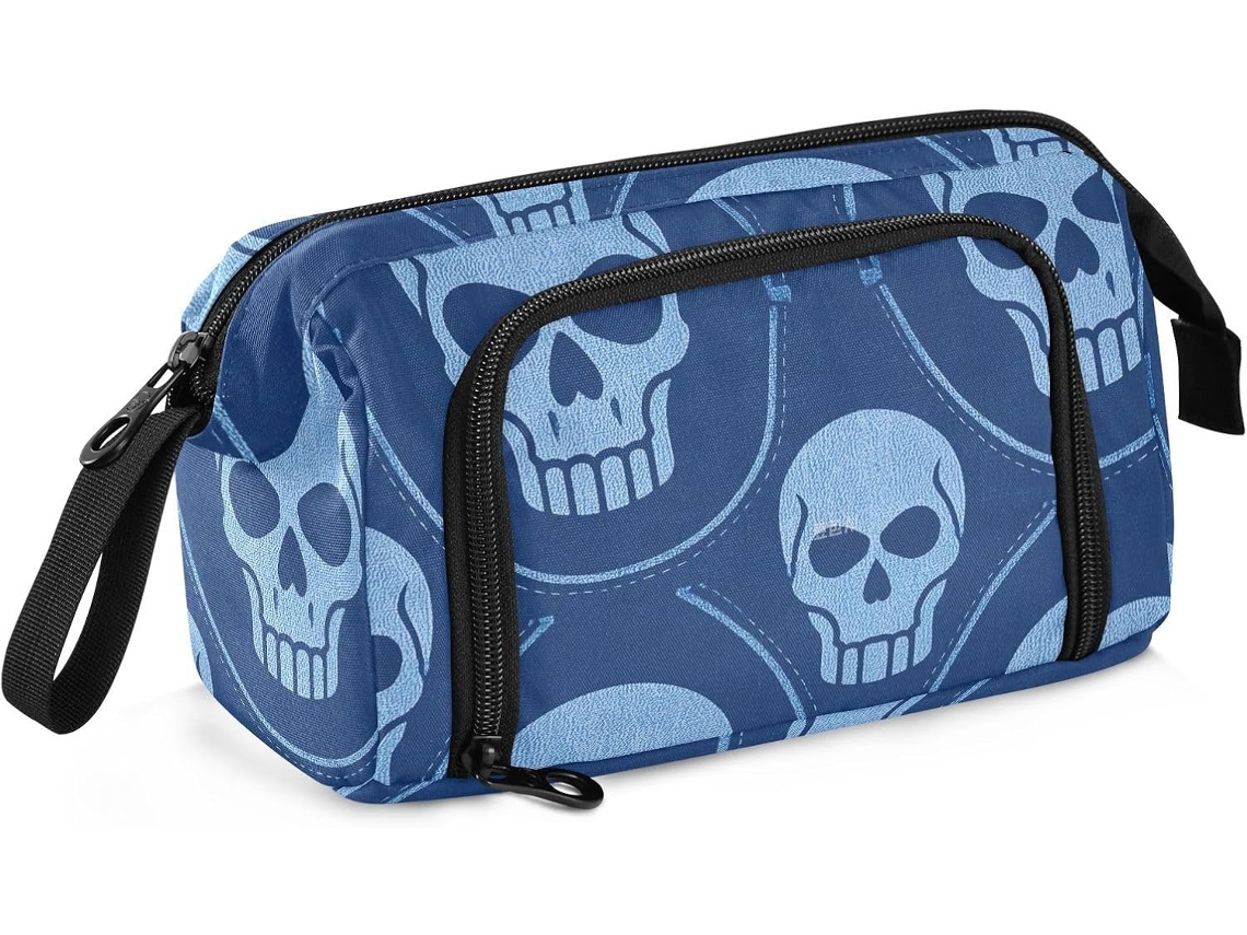 Estojo Grande com Estampa de Esqueleto Cowboy Gótico, Ideal para Adolescentes e Material Escolar, na Cor Azul.