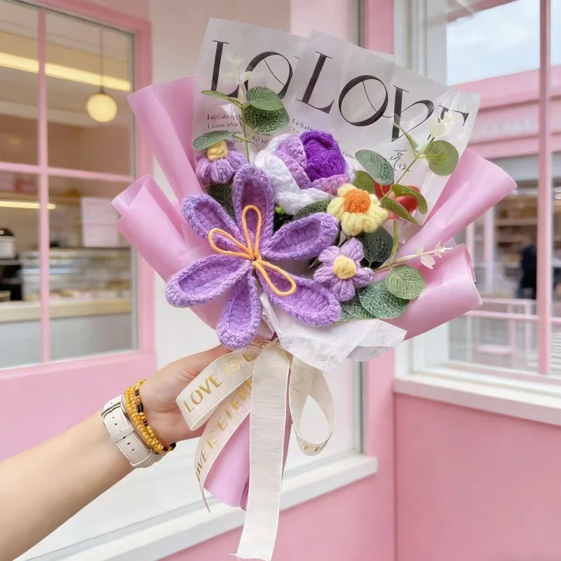 (roxo) Buquê De Rosas E Tulipas Artificiais De Crochê Para Presente