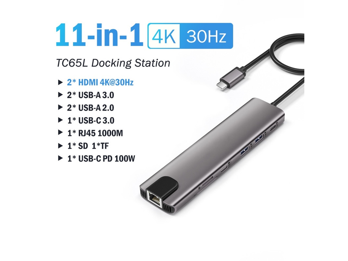 Yizhood 11 em 1 USB C Docking Station 4K HDMI Tipo C 100W PD Rj45 480mpbs Slot SD/TF Transferência rápida de dados para Mac Windows Cinza