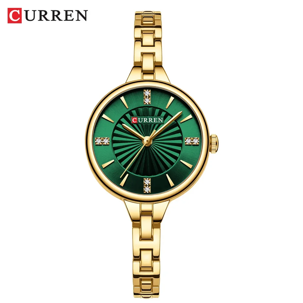 Mostrador Simples e Romântico com Strass e Pulseira de Aço Inoxidável MDUG (verde Dourado)