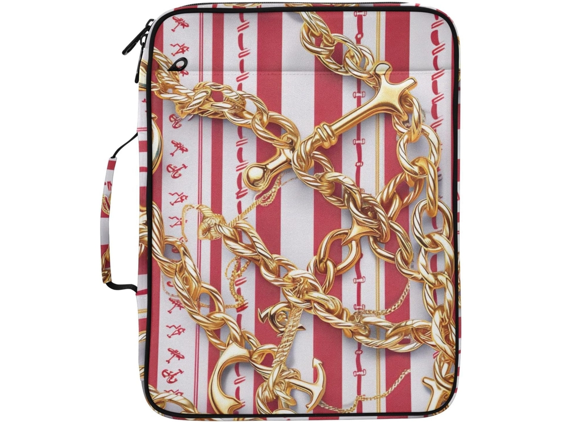 Pasta Expansível Com Corrente Dourada, Listras Vermelhas E Brancas, Organizador De 3 Argolas Com 7 Bolsos Sanfonados