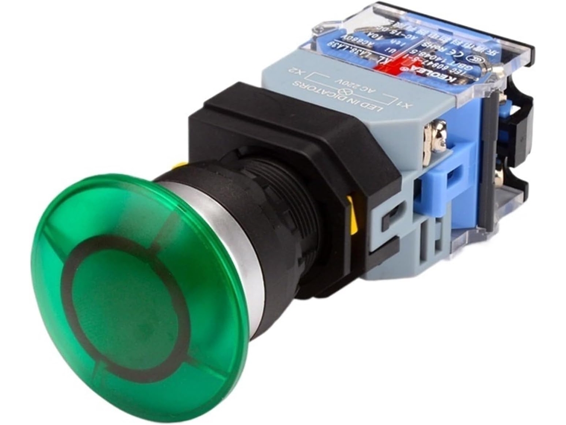 Botão De Pressão Iluminado La38 22mm Com Trava Automática E Reset, Botão Plano 24 220v, Vermelho E Verde, Botão Tipo