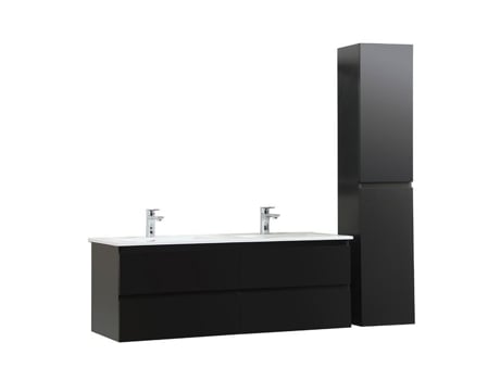 Móvel de vaidade duplo de 120 cm com bancada de cerâmica preta Sorrento e coluna de vaidade.