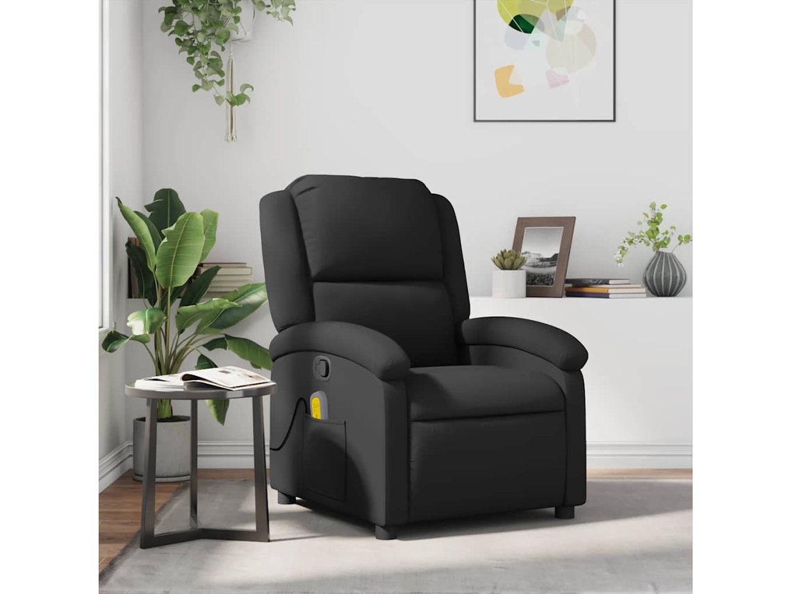 Vidaxl Poltrona De Massagens Reclinável Couro Genuíno Preto